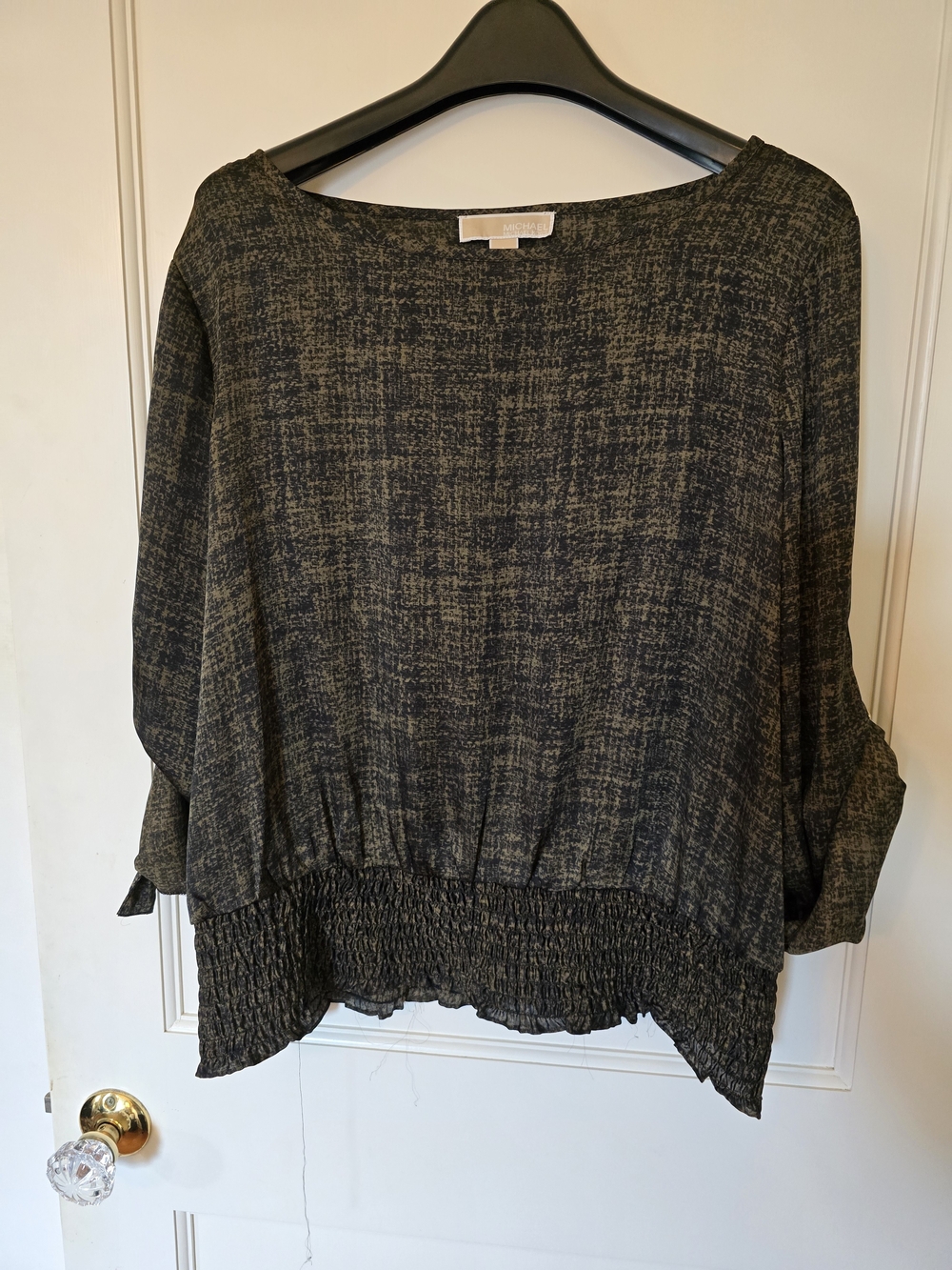 Michael Kors Olive and Black Silky Smocked-Hem Tunic LARGE